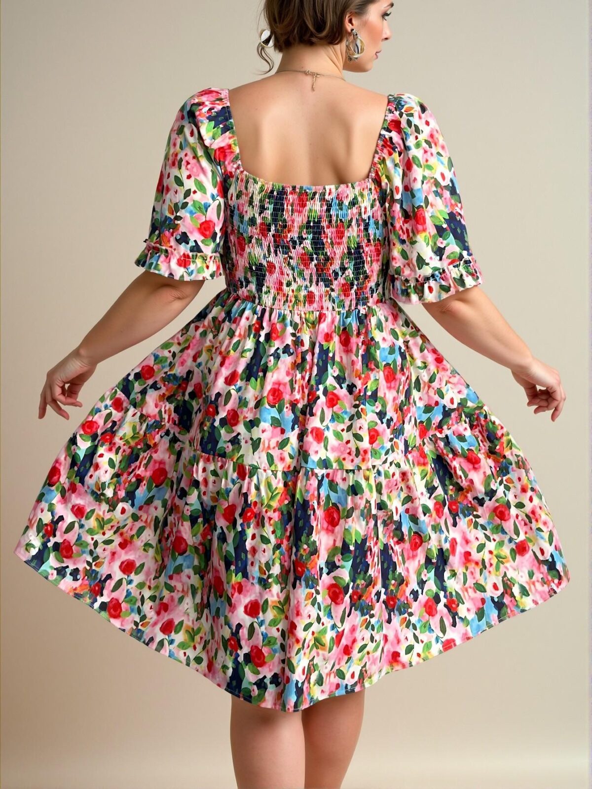 Elegant Multicolor Plus Size Square Neck Ruffle Sleeve Pleated Waist Dress for a Stylish Vacation in Spring and Summer - Chic, Classy and Trendy Fashion Style to Dress to Impress - Image 2