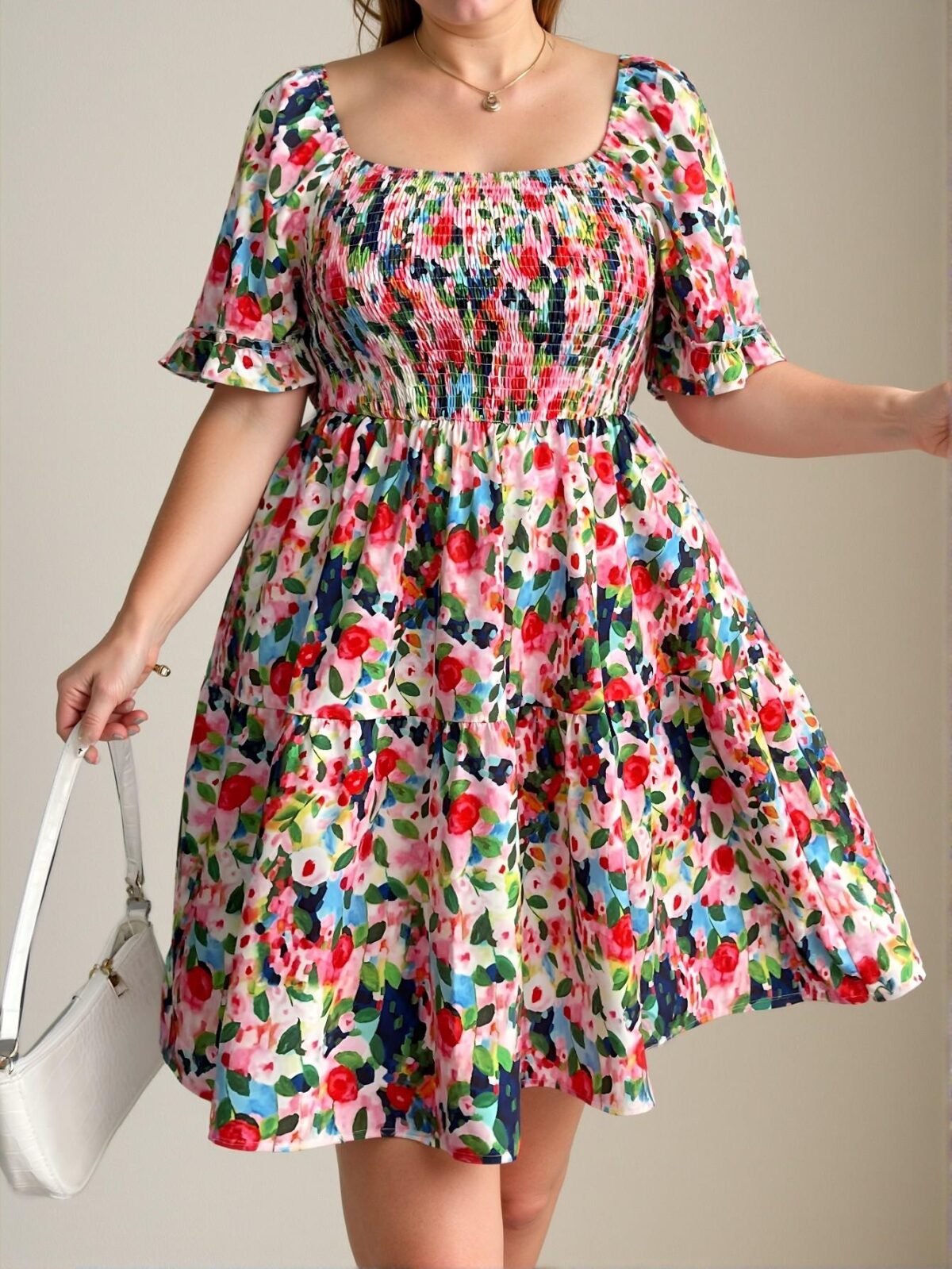 Elegant Multicolor Plus Size Square Neck Ruffle Sleeve Pleated Waist Dress for a Stylish Vacation in Spring and Summer - Chic, Classy and Trendy Fashion Style to Dress to Impress - Image 3