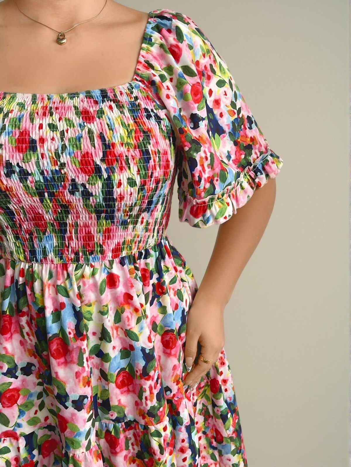 Elegant Multicolor Plus Size Square Neck Ruffle Sleeve Pleated Waist Dress for a Stylish Vacation in Spring and Summer - Chic, Classy and Trendy Fashion Style to Dress to Impress - Image 4