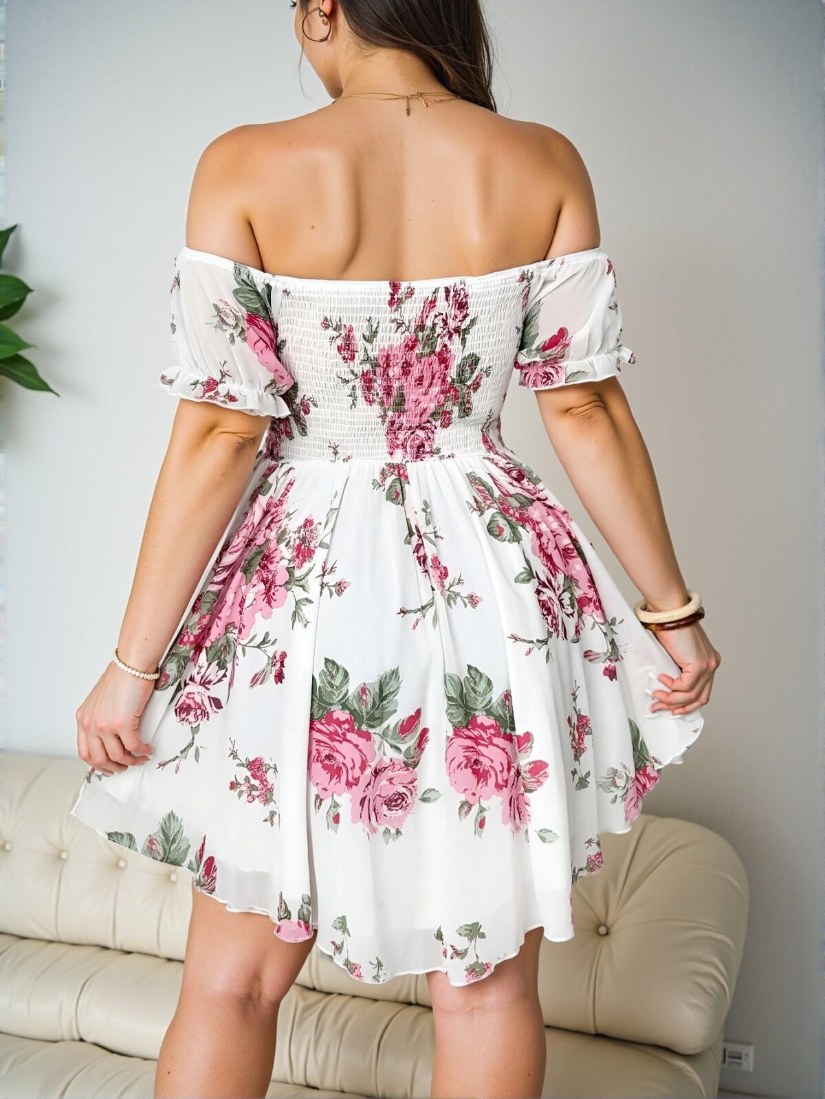 Elegant White Charming Off Shoulder Floral A-Line Dress Perfect for Spring and Summer Chic, Classy and Trendy Fashion Style to Dress to Impress - Image 2