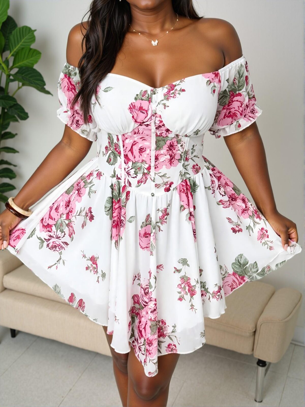 Elegant White Charming Off Shoulder Floral A-Line Dress Perfect for Spring and Summer Chic, Classy and Trendy Fashion Style to Dress to Impress - Image 4