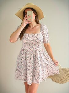 Elegant Apricot Floral Puff Sleeve Mini Dress for Spring and Summer Chic, Classy and Trendy Fashion Style to Dress to Impress