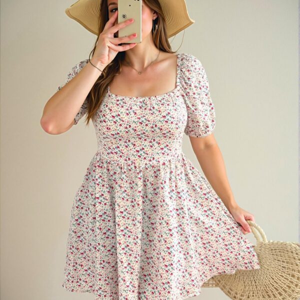 Elegant Apricot Floral Puff Sleeve Mini Dress for Spring and Summer Chic, Classy and Trendy Fashion Style to Dress to Impress