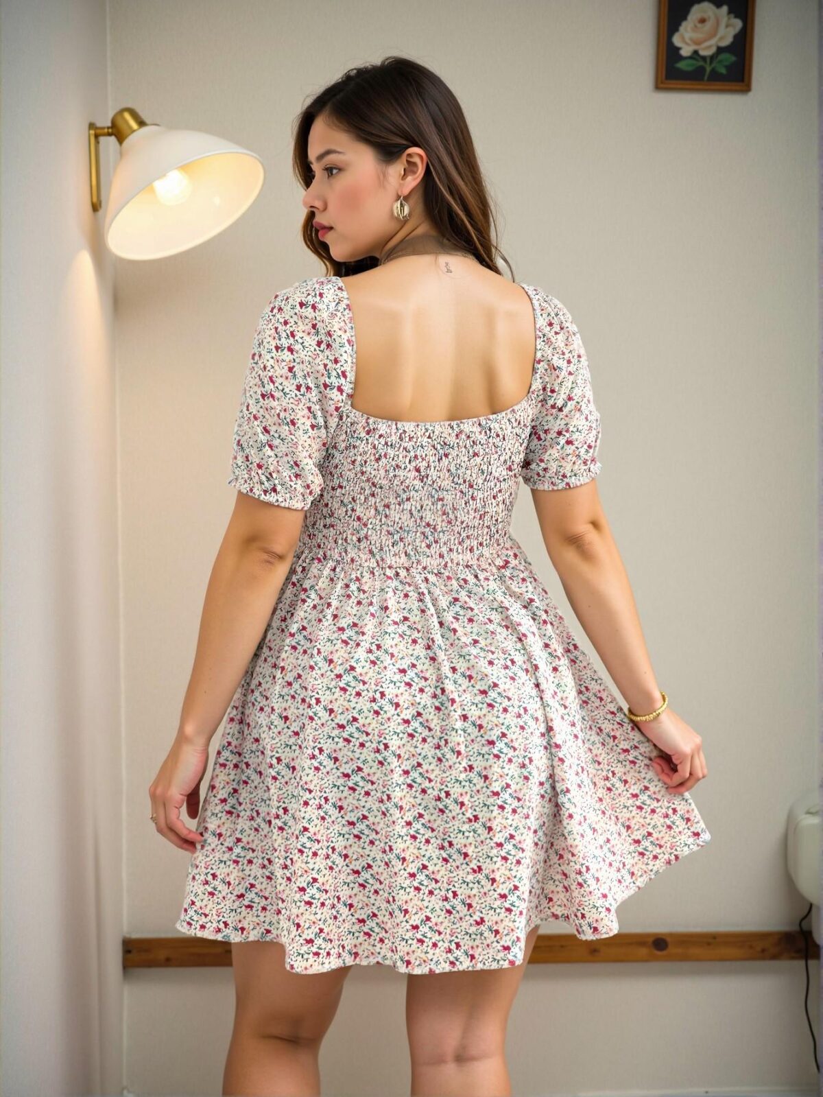 Elegant Apricot Floral Puff Sleeve Mini Dress for Spring and Summer Chic, Classy and Trendy Fashion Style to Dress to Impress - Image 2
