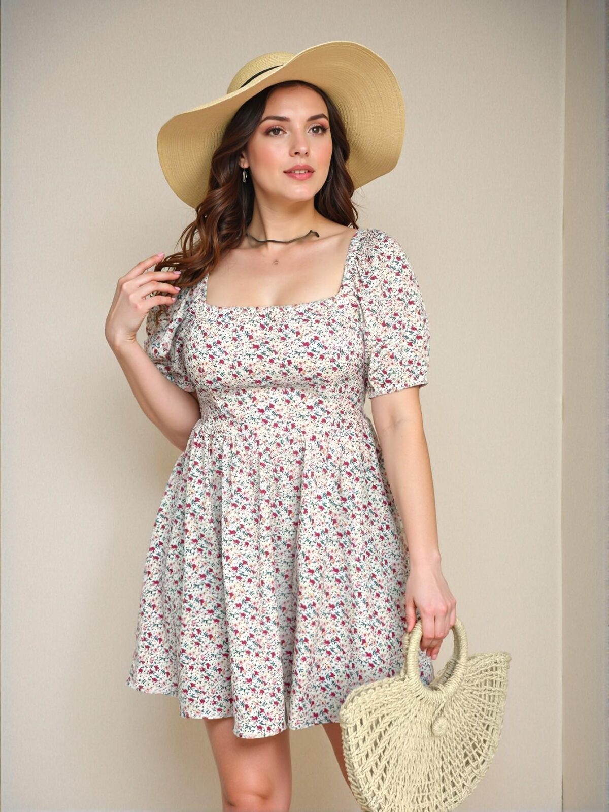 Elegant Apricot Floral Puff Sleeve Mini Dress for Spring and Summer Chic, Classy and Trendy Fashion Style to Dress to Impress - Image 3