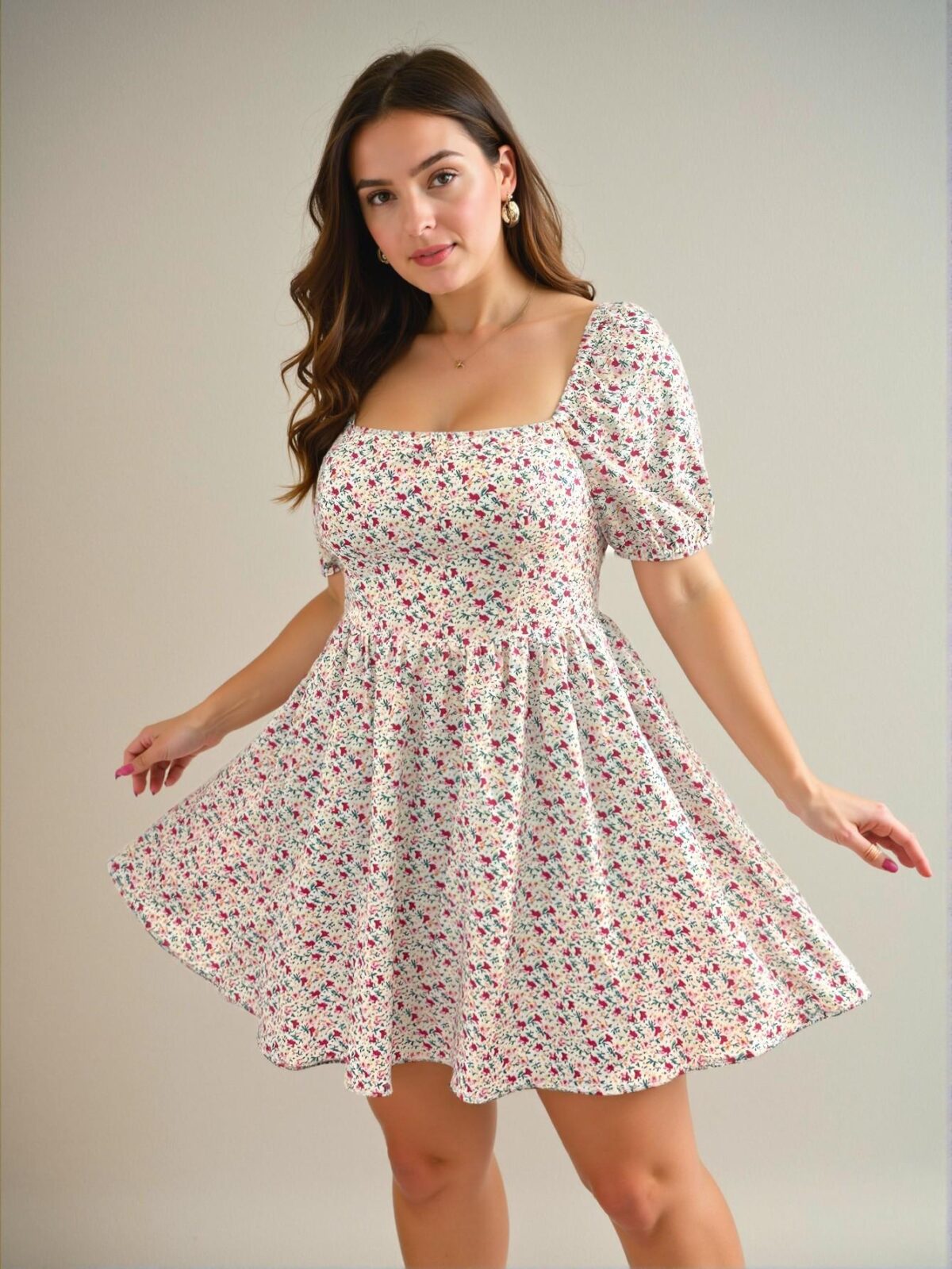 Elegant Apricot Floral Puff Sleeve Mini Dress for Spring and Summer Chic, Classy and Trendy Fashion Style to Dress to Impress - Image 4