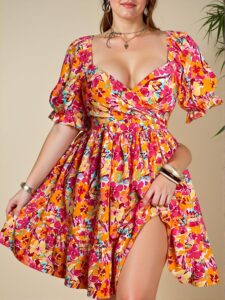 Elegant Multicolor Charming Puff Sleeve Mini Beach Dress with Vintage Floral Design for Spring and Summer - Chic, Classy and Trendy Fashion Style to Dress to Impress