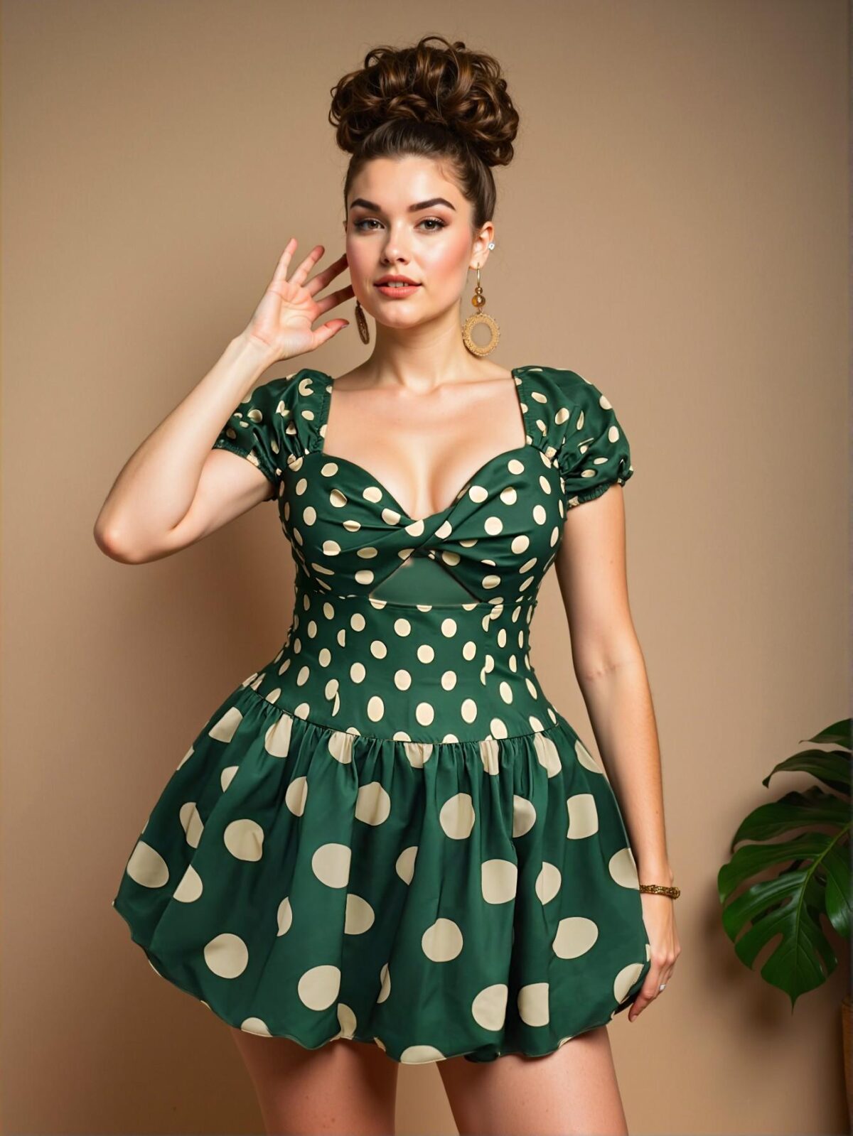 Elegant Green Sweetheart Neck Polka Dot Short Sleeve Bubble Dress for Spring and Summer Chic, Classy and Trendy Fashion Style to Dress to Impress