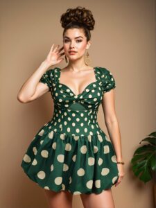 Elegant Green Sweetheart Neck Polka Dot Short Sleeve Bubble Dress for Spring and Summer Chic, Classy and Trendy Fashion Style to Dress to Impress