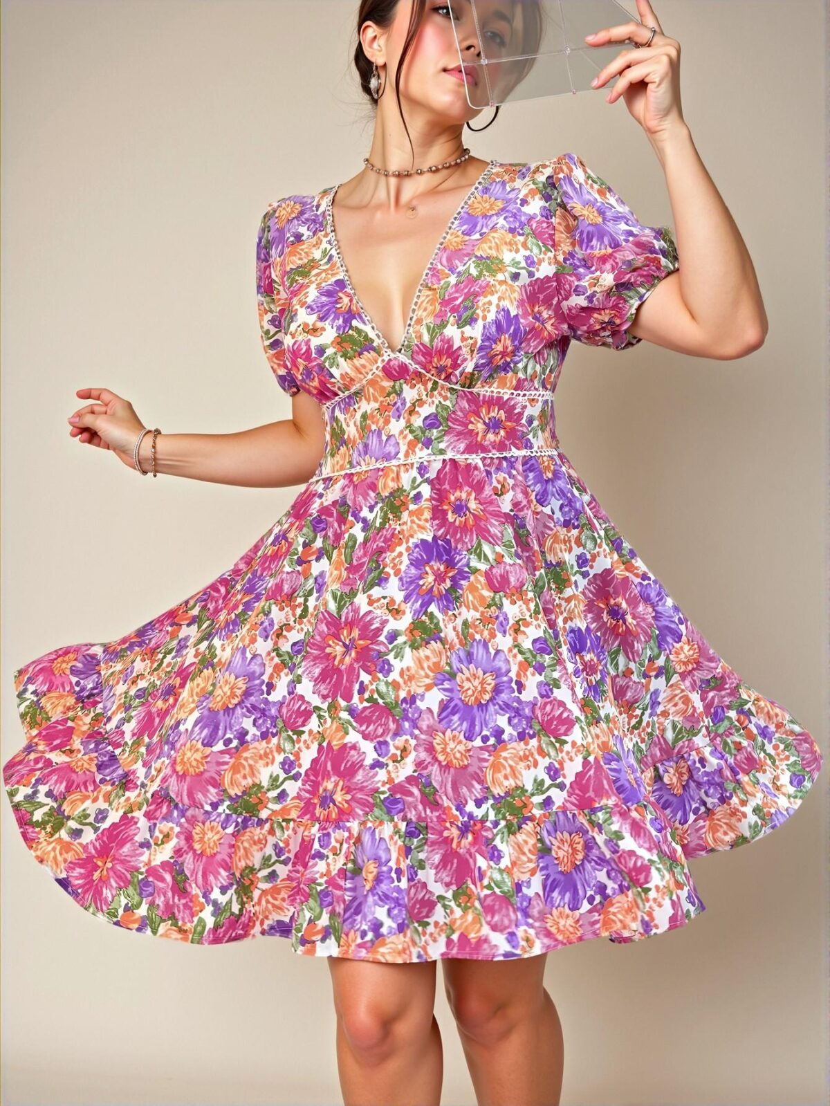 Elegant Multicolor Stylish V-Neck Fitted Mini Dress Perfect for Spring and Summer - Chic, Classy and Trendy Fashion Style to Dress to Impress - Image 5