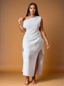 Elegant White Asymmetrical Neck Mini Dress with Side Cutout and Bow Detail for Plus Size Women – Chic, Classy and Trendy Fashion Style to Dress to Impress