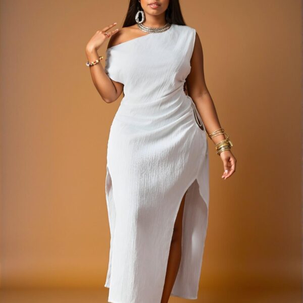 Elegant White Asymmetrical Neck Mini Dress with Side Cutout and Bow Detail for Plus Size Women – Chic, Classy and Trendy Fashion Style to Dress to Impress