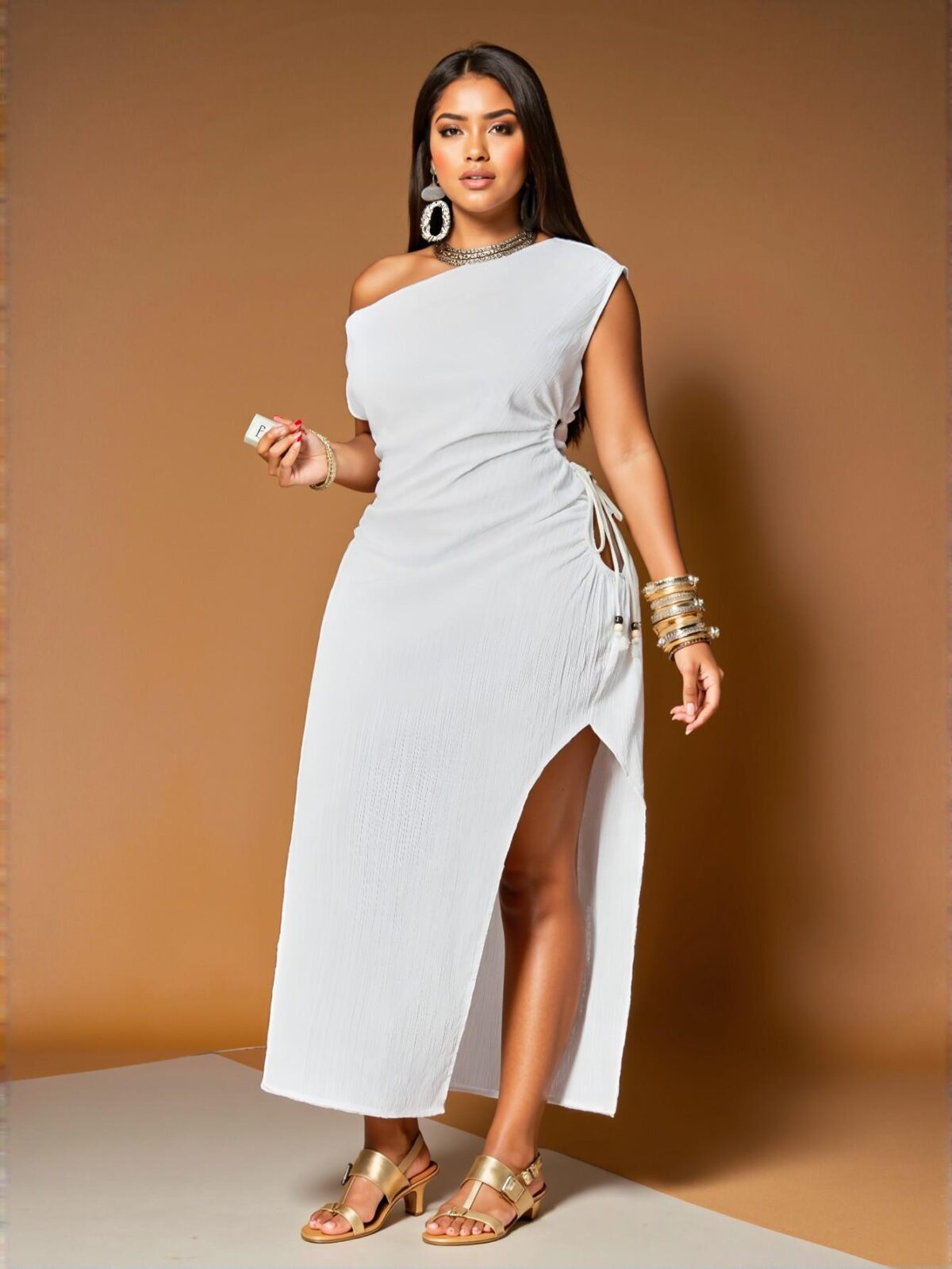 Elegant White Asymmetrical Neck Mini Dress with Side Cutout and Bow Detail for Plus Size Women – Chic, Classy and Trendy Fashion Style to Dress to Impress - Image 3