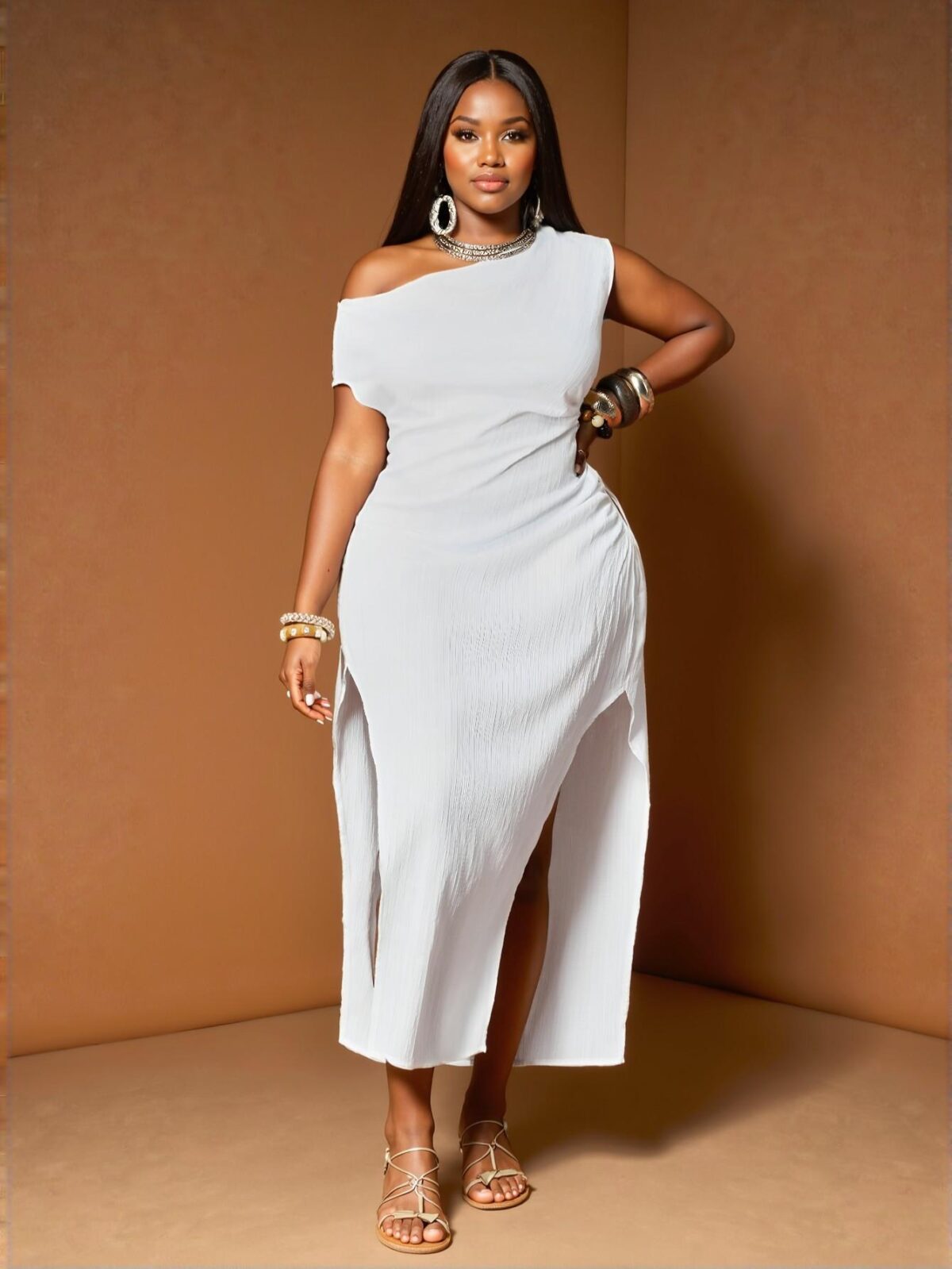 Elegant White Asymmetrical Neck Mini Dress with Side Cutout and Bow Detail for Plus Size Women – Chic, Classy and Trendy Fashion Style to Dress to Impress - Image 4