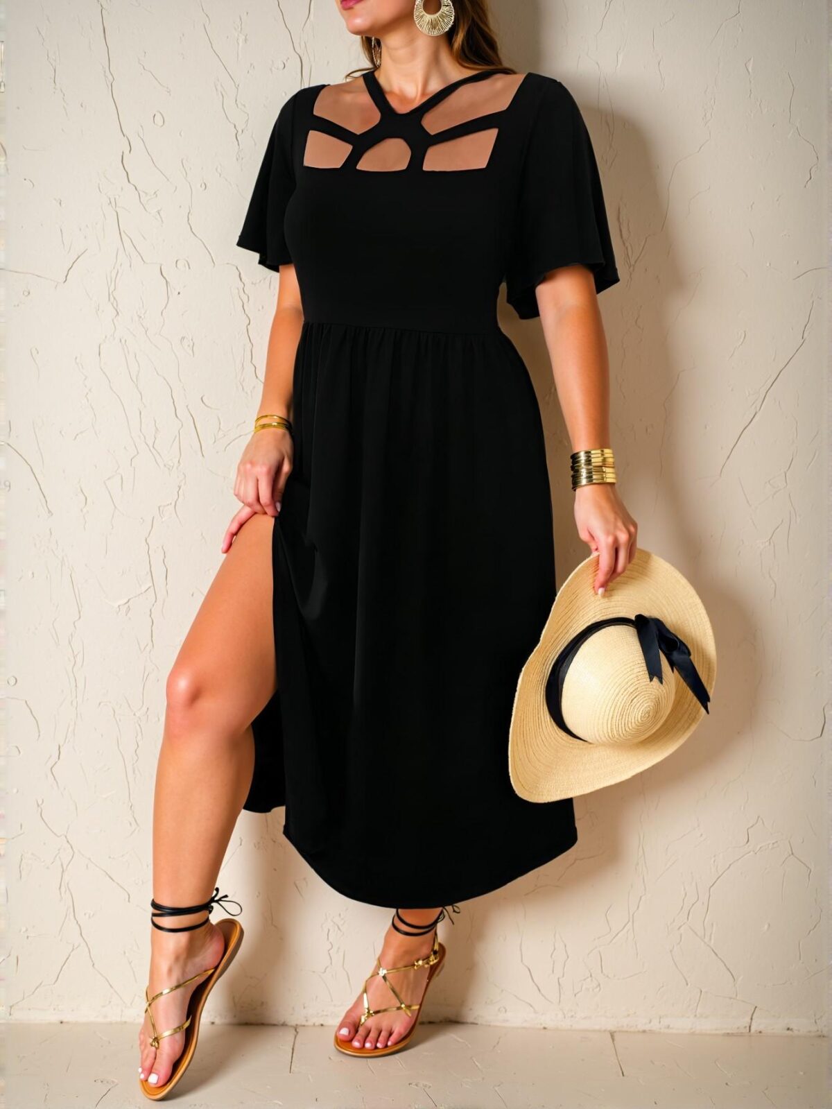 Elegant Black Flared Hollow Hem Long Dress with Cut Out and Split Thigh Perfect for Spring and Summer - Chic, Classy, and Trendy Fashion Style to Dress to Impress