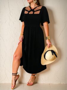Elegant Black Flared Hollow Hem Long Dress with Cut Out and Split Thigh Perfect for Spring and Summer - Chic, Classy, and Trendy Fashion Style to Dress to Impress