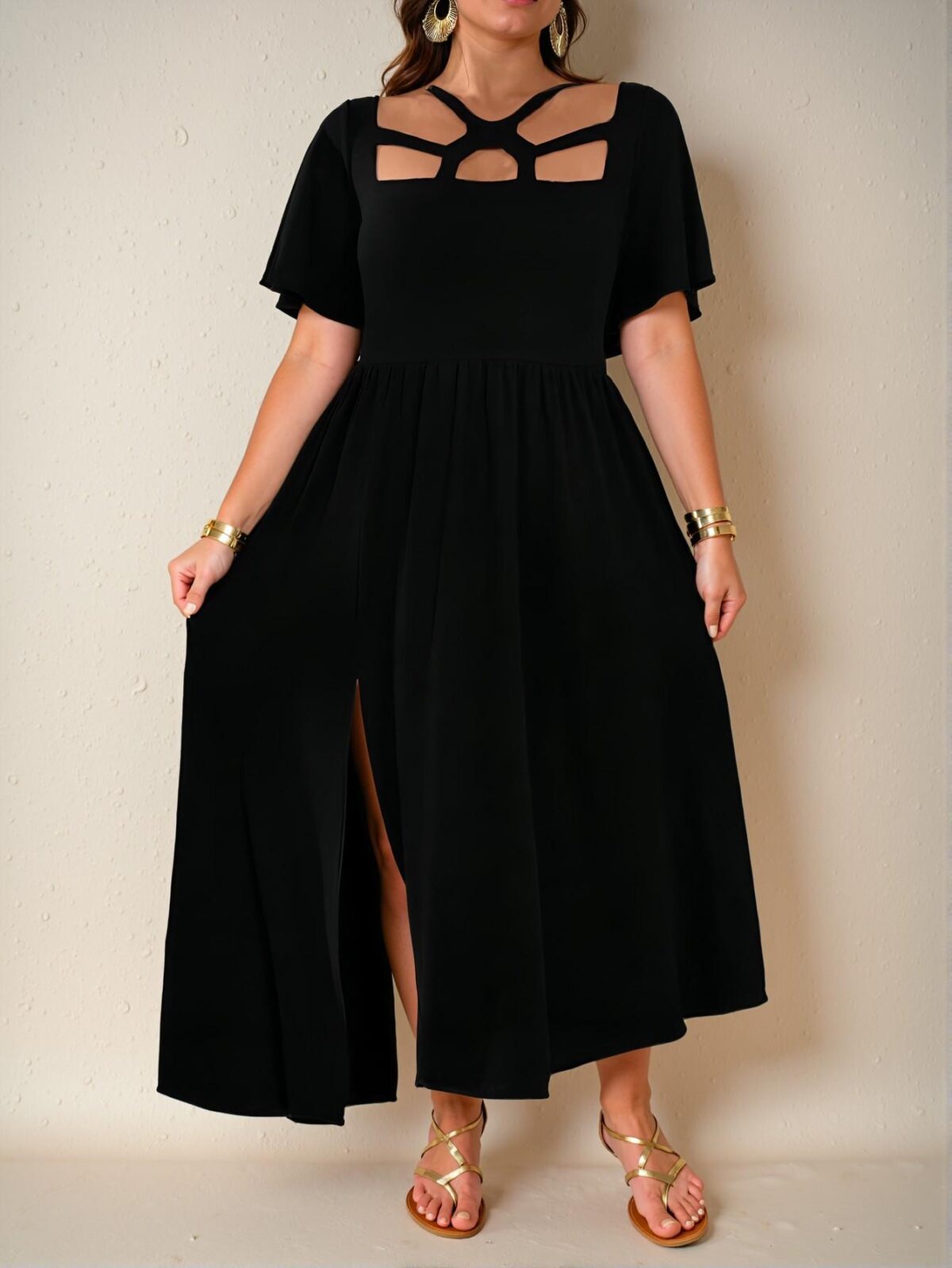 Elegant Black Flared Hollow Hem Long Dress with Cut Out and Split Thigh Perfect for Spring and Summer - Chic, Classy, and Trendy Fashion Style to Dress to Impress - Image 3
