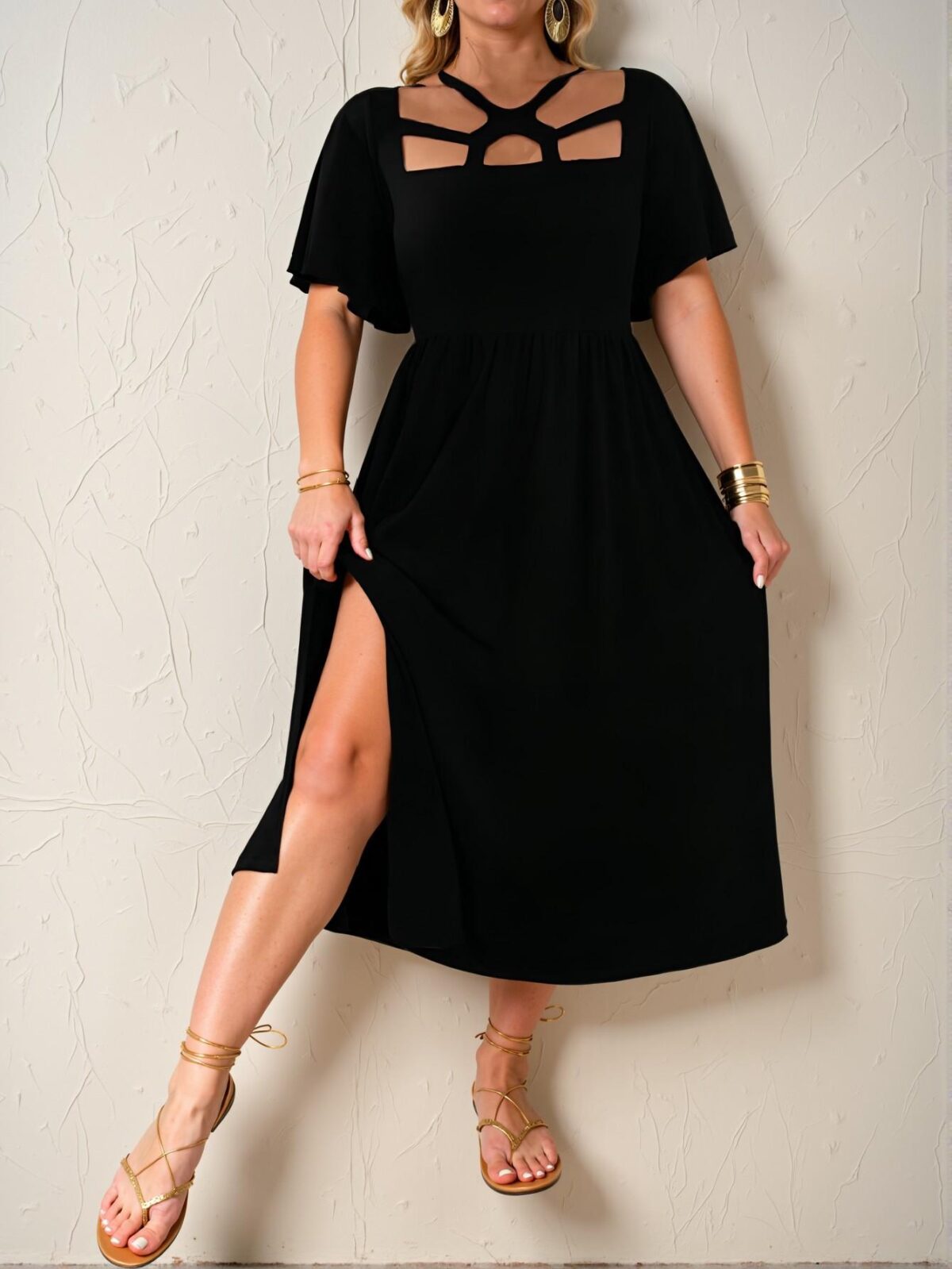 Elegant Black Flared Hollow Hem Long Dress with Cut Out and Split Thigh Perfect for Spring and Summer - Chic, Classy, and Trendy Fashion Style to Dress to Impress - Image 4