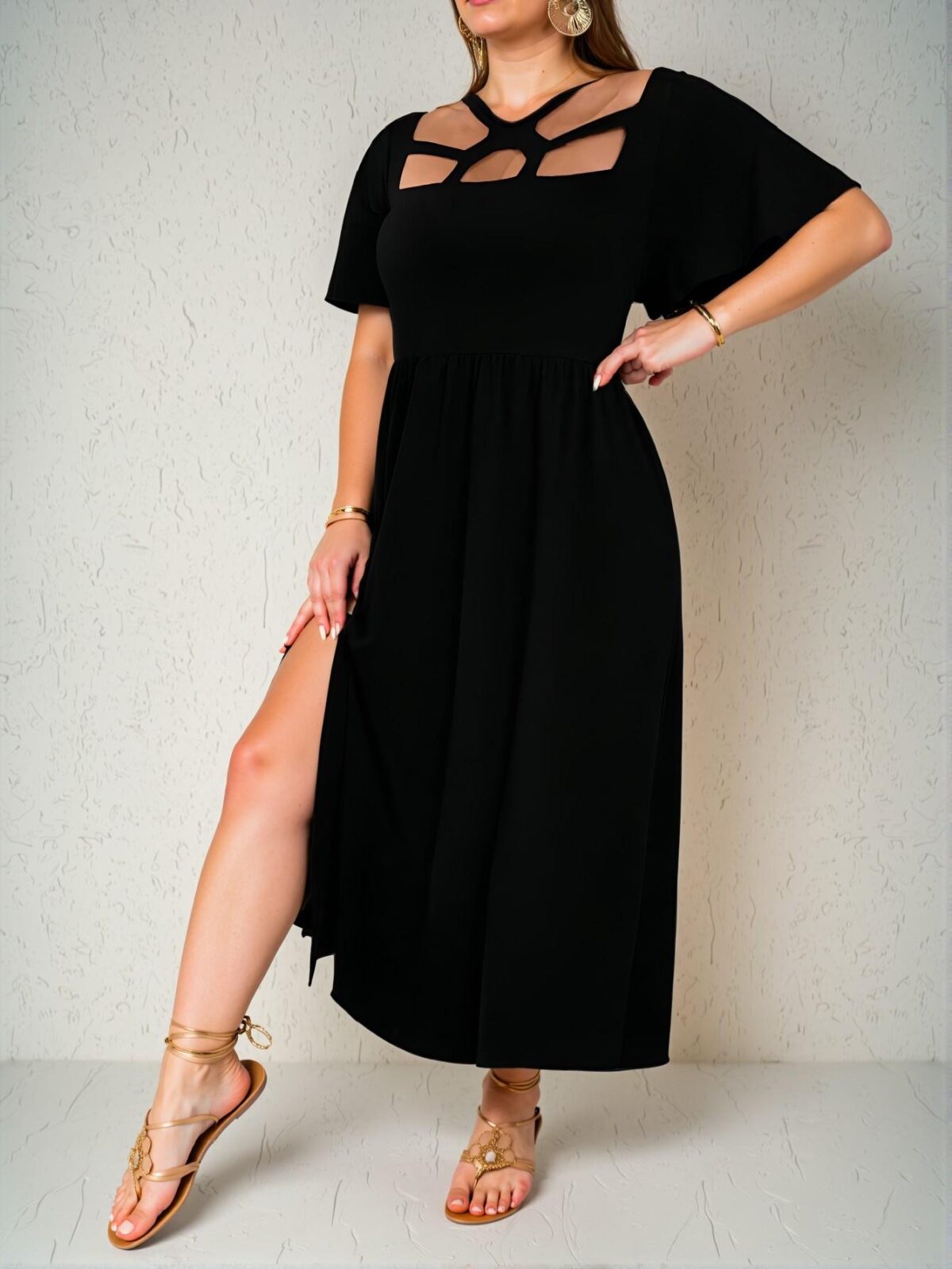 Elegant Black Flared Hollow Hem Long Dress with Cut Out and Split Thigh Perfect for Spring and Summer - Chic, Classy, and Trendy Fashion Style to Dress to Impress - Image 5