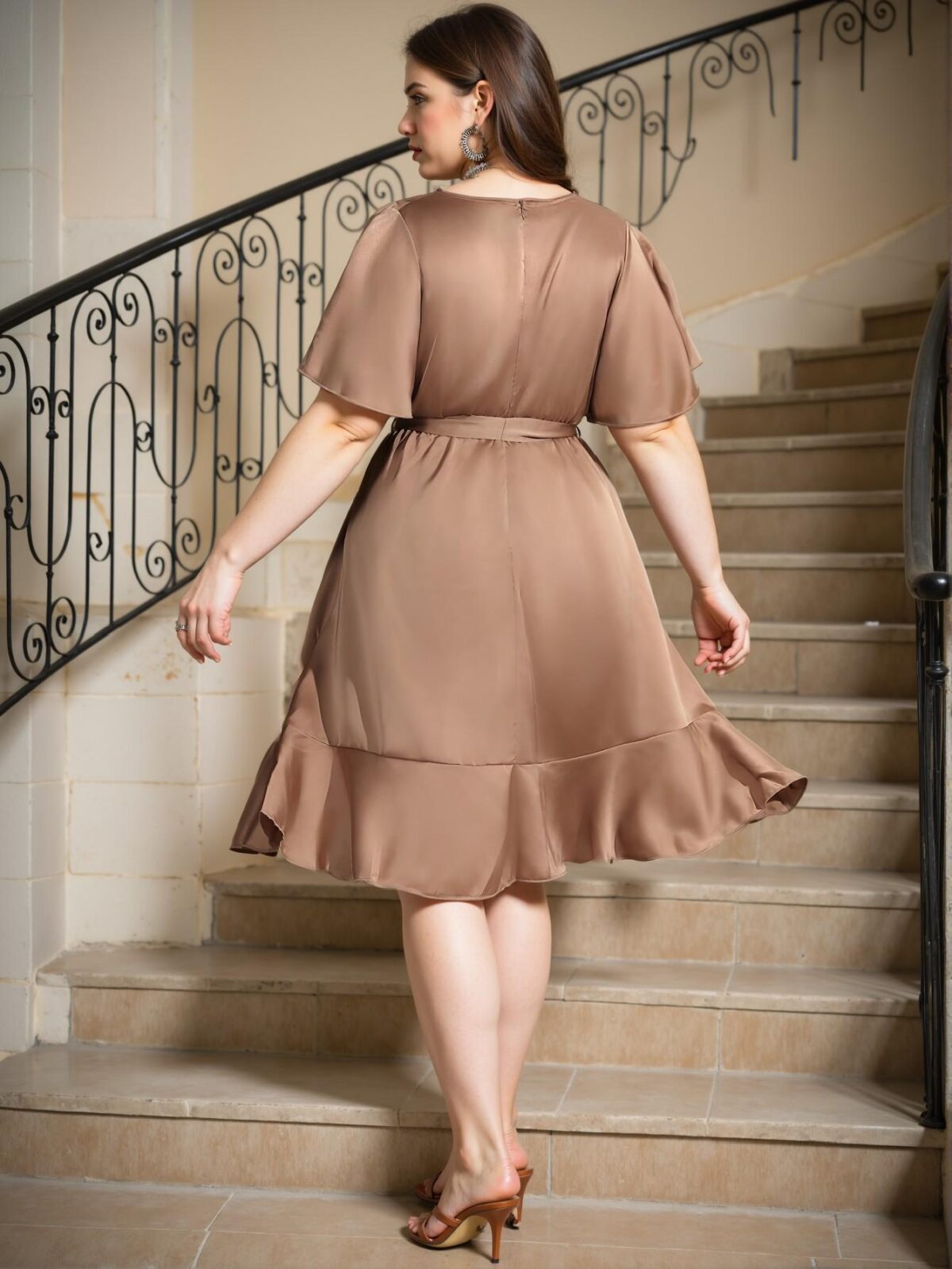 Elegant Champagne Wedding Dress with V-Neck and Ruffle Sleeves for Spring and Summer - Chic, Classy and Trendy Fashion Style to Dress to Impress - Image 2