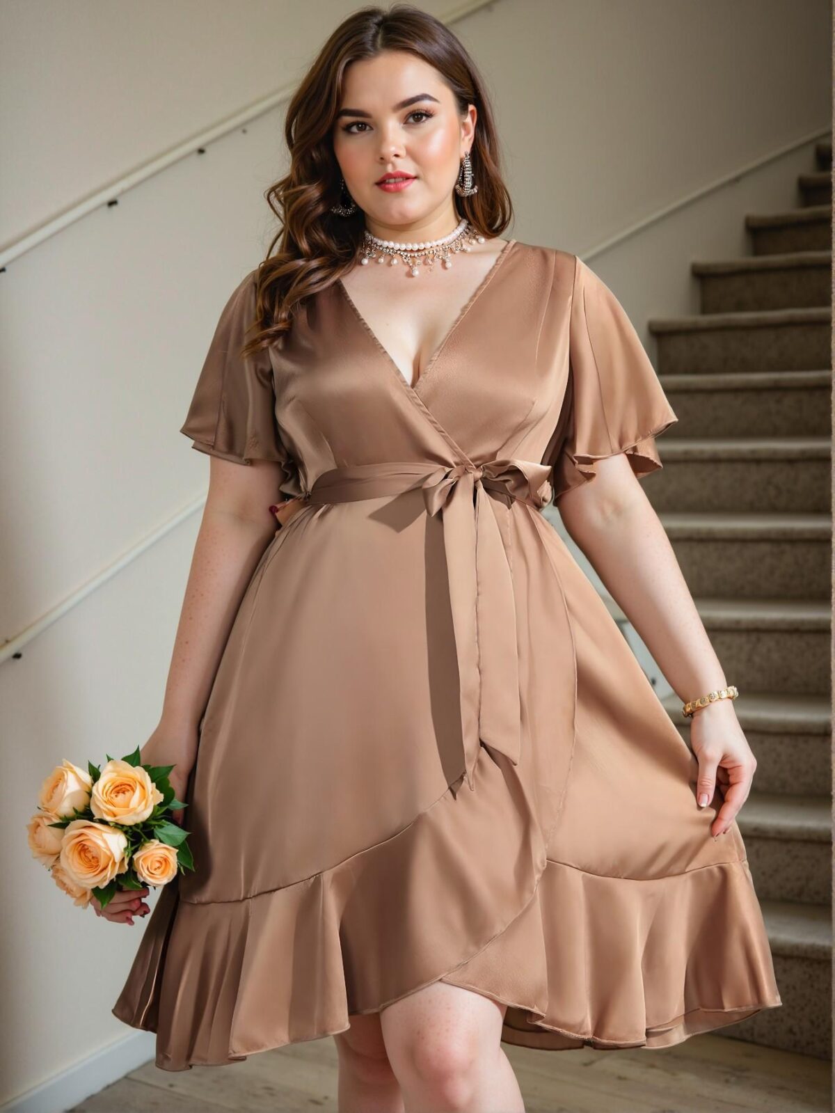 Elegant Champagne Wedding Dress with V-Neck and Ruffle Sleeves for Spring and Summer - Chic, Classy and Trendy Fashion Style to Dress to Impress - Image 5