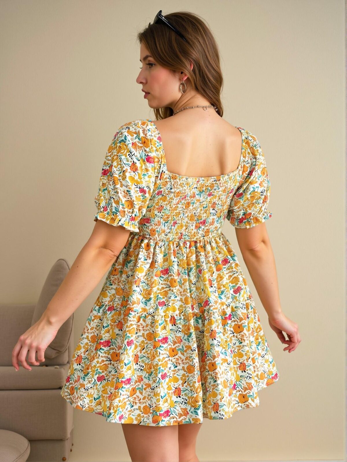 Chic Yellow Floral Puff Sleeve High Waist A-Line Dress for Summer Vacations - Chic, Classy and Trendy Fashion Style to Dress to Impress - Image 2