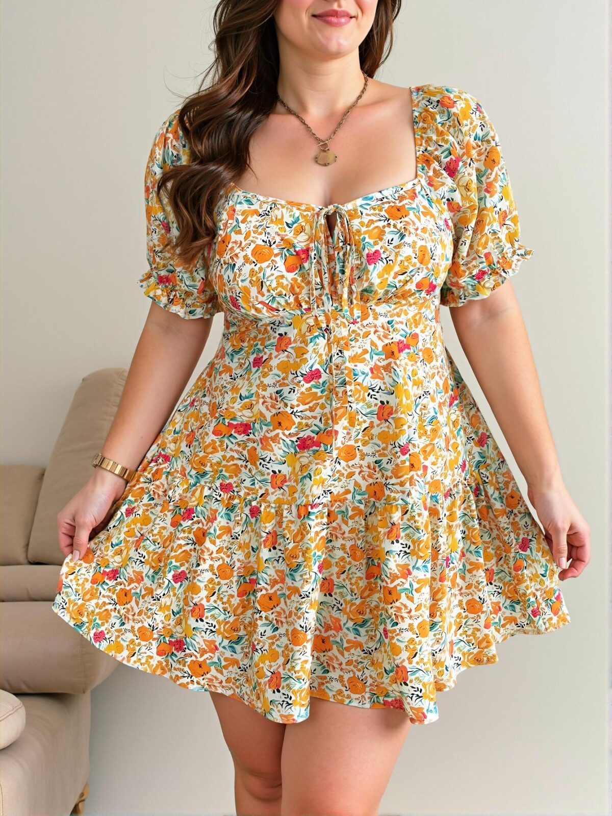 Chic Yellow Floral Puff Sleeve High Waist A-Line Dress for Summer Vacations - Chic, Classy and Trendy Fashion Style to Dress to Impress - Image 3