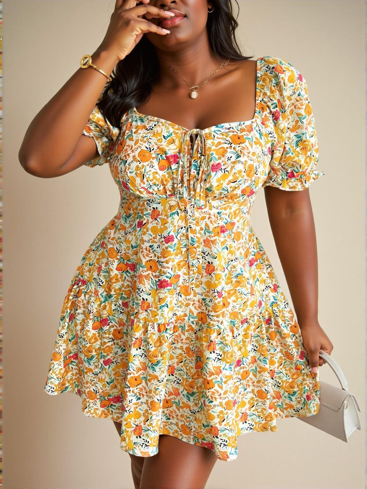 Chic Yellow Floral Puff Sleeve High Waist A-Line Dress for Summer Vacations - Chic, Classy and Trendy Fashion Style to Dress to Impress - Image 5