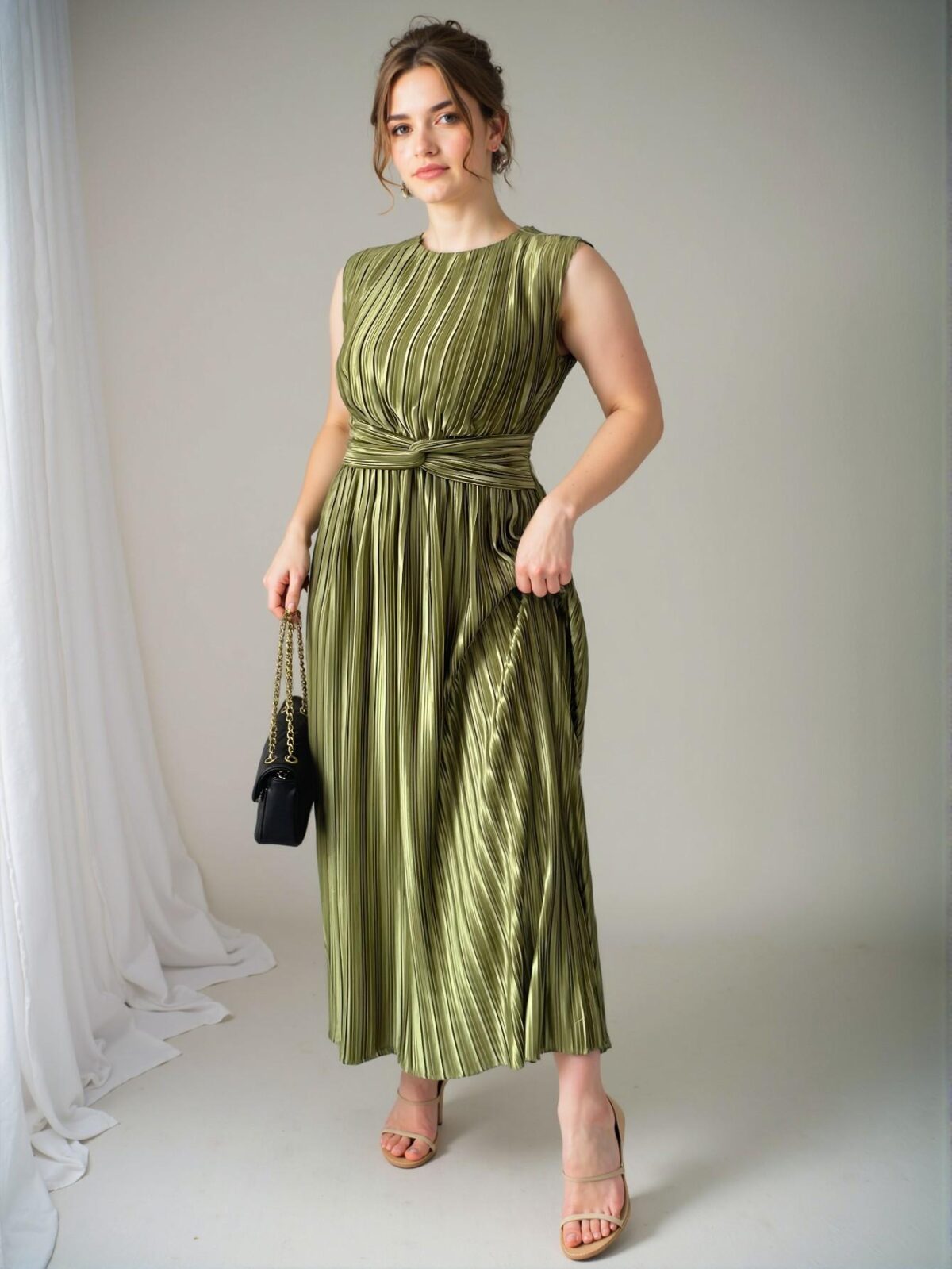 Elegant Green Vintage-Inspired Sleeveless Midi Dress with Gathered Waist and Pleated Hem for Spring and Summer - Chic, Classy and Trendy Fashion Style to Dress to Impress - Image 3