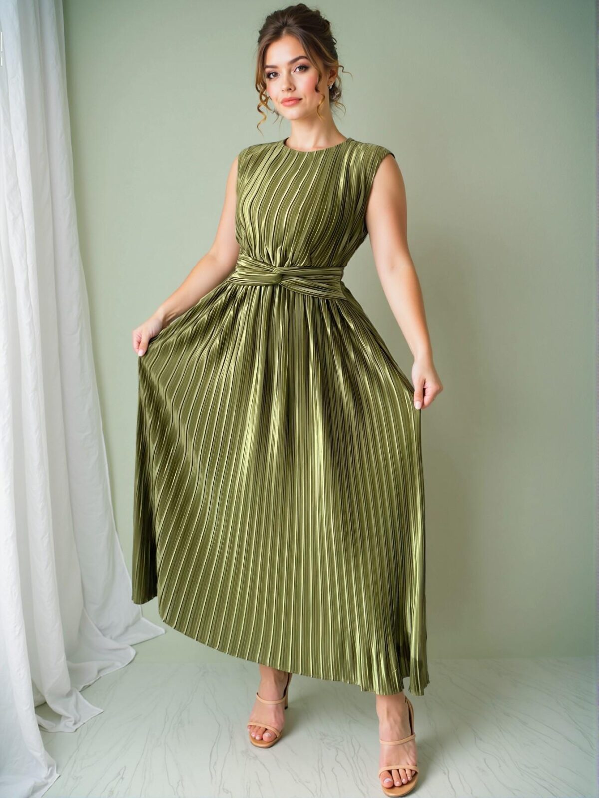Elegant Green Vintage-Inspired Sleeveless Midi Dress with Gathered Waist and Pleated Hem for Spring and Summer - Chic, Classy and Trendy Fashion Style to Dress to Impress - Image 4