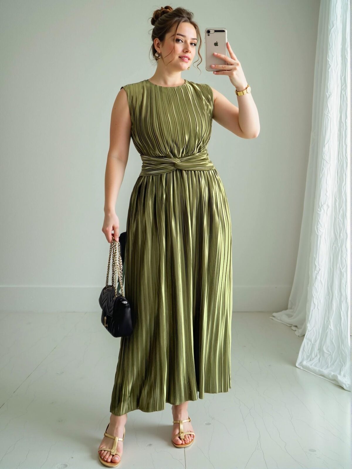 Elegant Green Vintage-Inspired Sleeveless Midi Dress with Gathered Waist and Pleated Hem for Spring and Summer - Chic, Classy and Trendy Fashion Style to Dress to Impress - Image 5