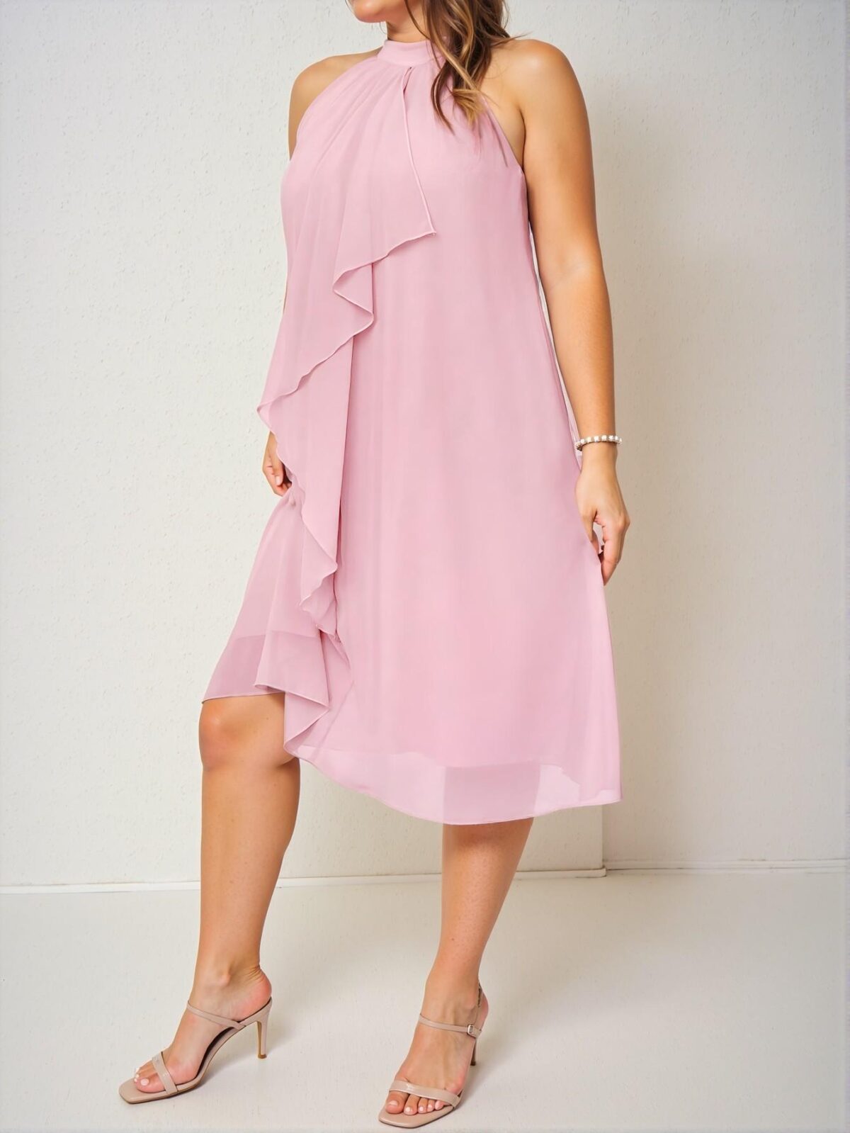 Elegant Pink Stylish A-Line Open Shoulder Midi Dress for Spring and Summer - Chic, Classy and Trendy Fashion Style to Dress to Impress - Image 3
