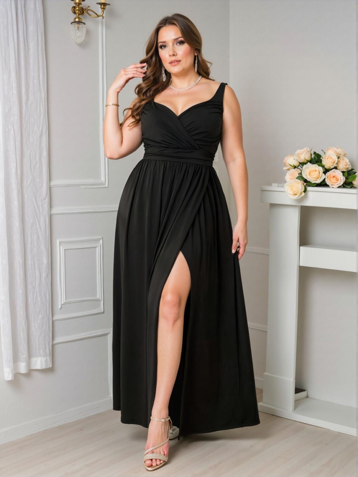 Elegant Black Spaghetti Strap Maxi Dress with Thigh-High Slit for Weddings, Formal Events, and Parties - Chic, Classy, and Trendy Fashion Style to Dress to Impress