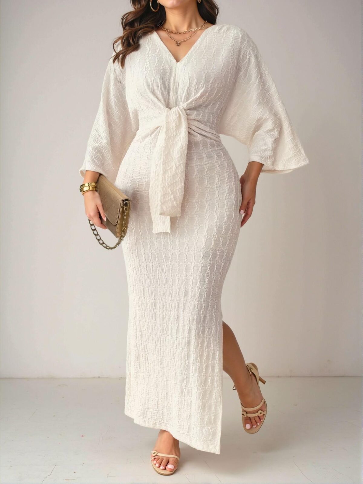Elegant Apricot Stylish Plus Size Jacquard Dress with Long Slit and 3/4 Batwing Sleeves for Spring and Summer - Chic, Classy and Trendy Fashion Style to Dress to Impress