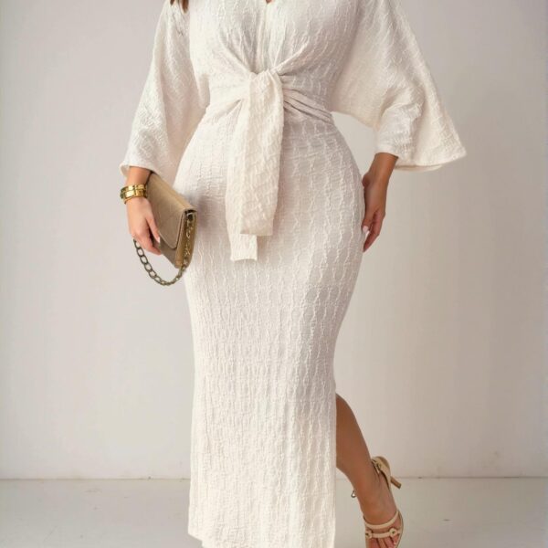 Elegant Apricot Stylish Plus Size Jacquard Dress with Long Slit and 3/4 Batwing Sleeves for Spring and Summer - Chic, Classy and Trendy Fashion Style to Dress to Impress