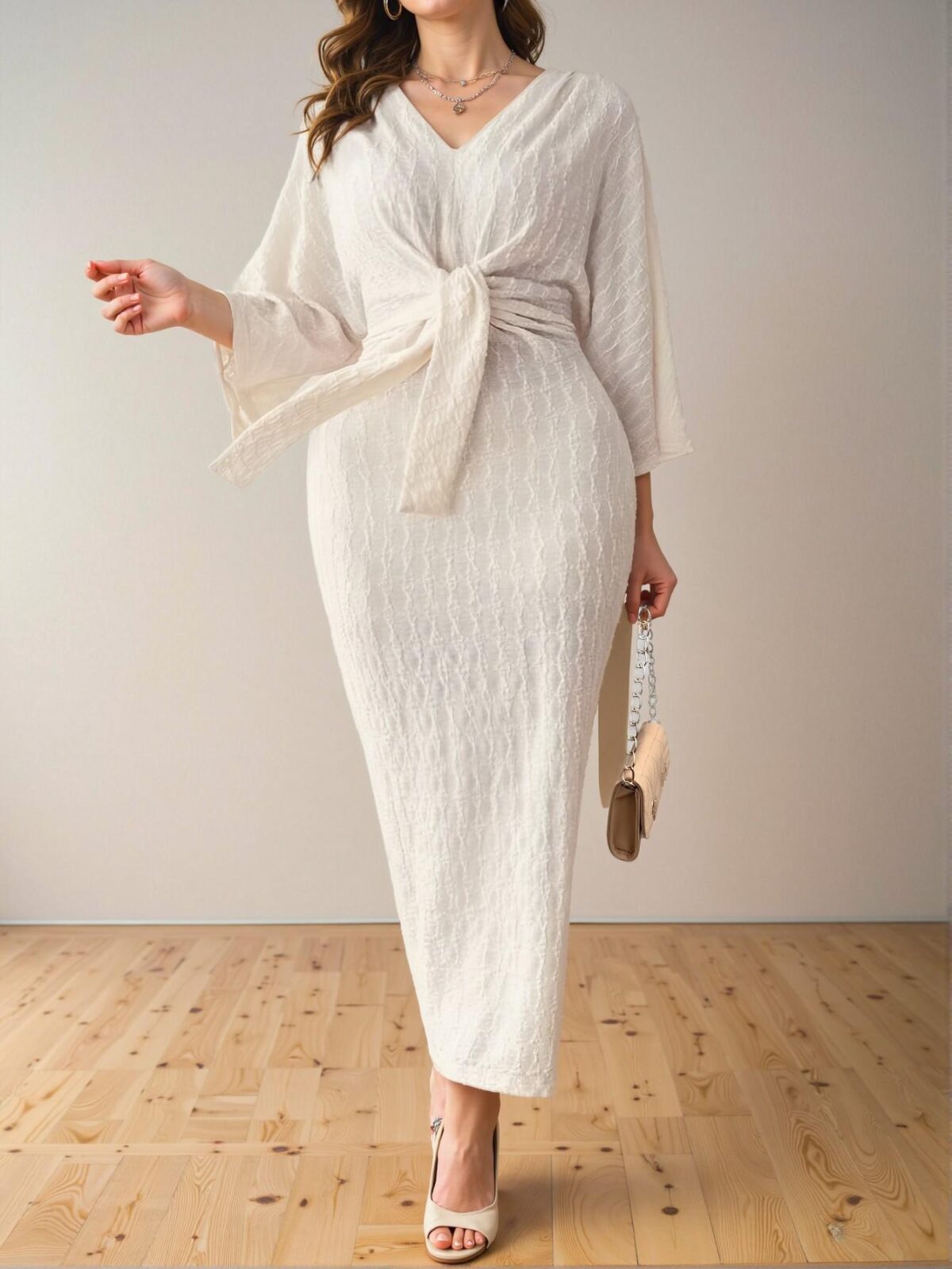 Elegant Apricot Stylish Plus Size Jacquard Dress with Long Slit and 3/4 Batwing Sleeves for Spring and Summer - Chic, Classy and Trendy Fashion Style to Dress to Impress - Image 4