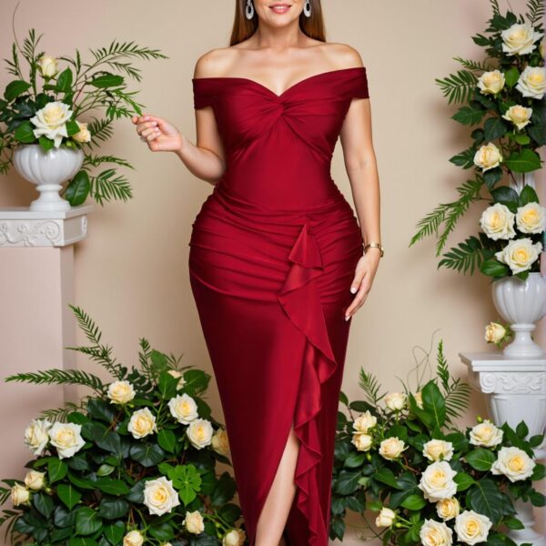 Elegant Red Plus Size Wine Red One Shoulder Twist Ruffle Front Slit Knitted Dress for Spring and Summer - Chic, Classy and Trendy Fashion Style to Dress to Impress