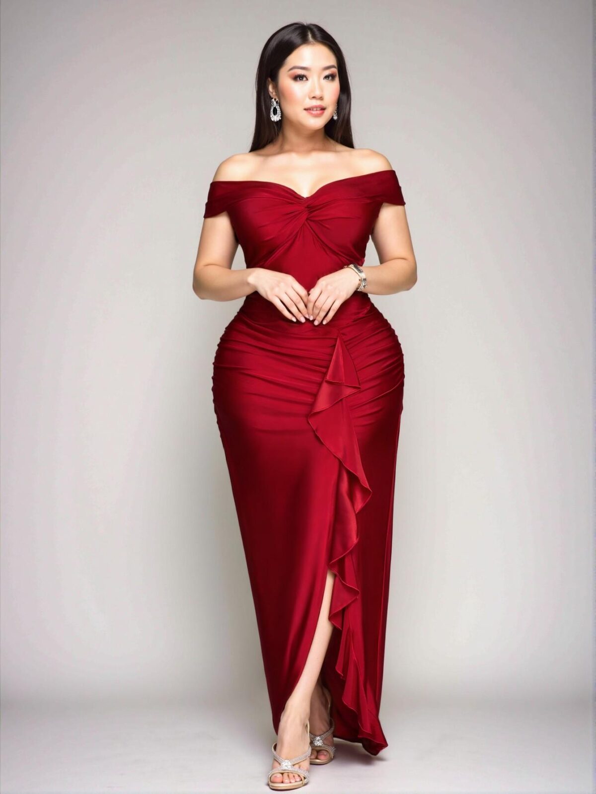 Elegant Red Plus Size Wine Red One Shoulder Twist Ruffle Front Slit Knitted Dress for Spring and Summer - Chic, Classy and Trendy Fashion Style to Dress to Impress - Image 4