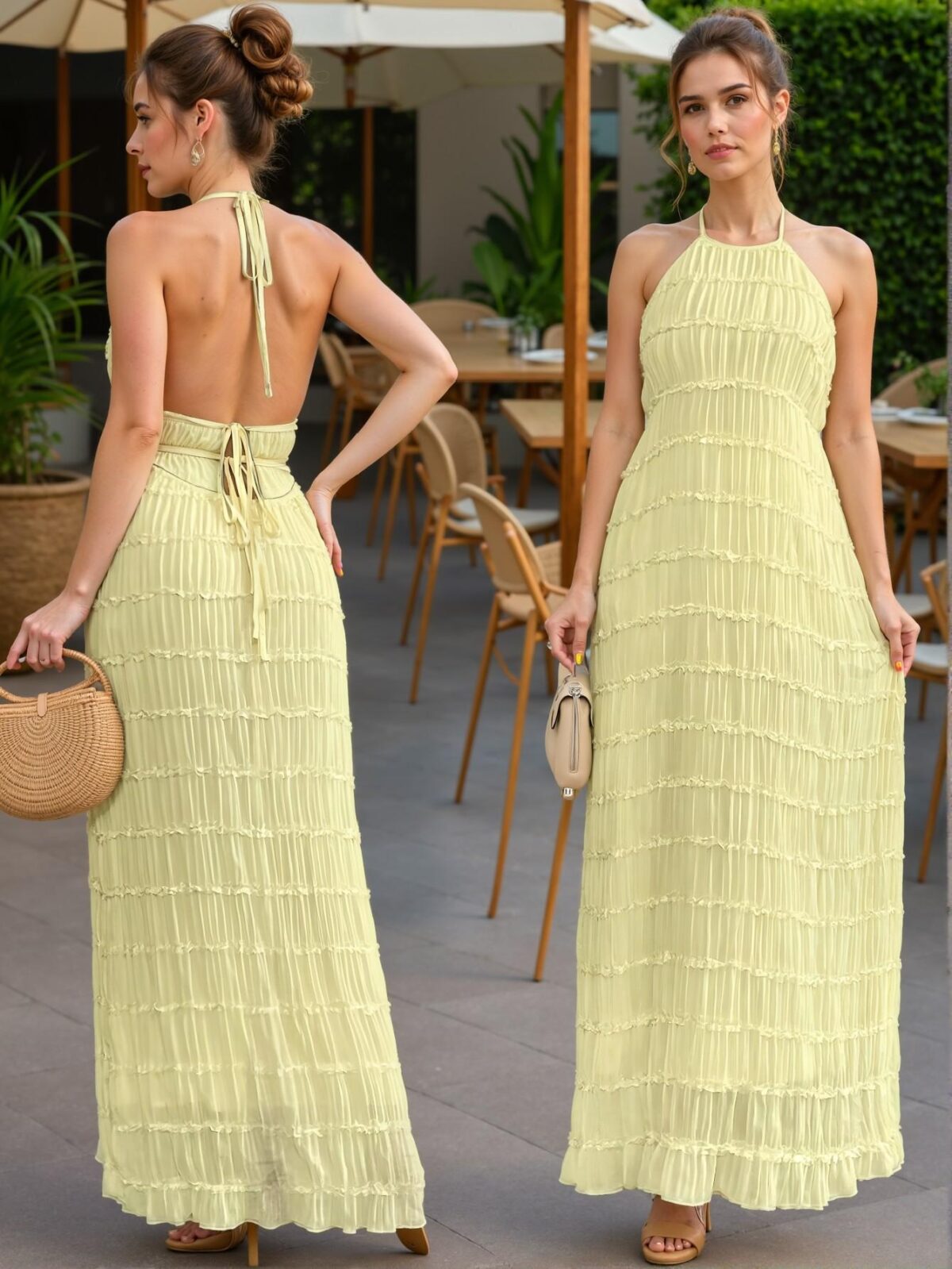 Elegant Yellow Textured Chiffon Multi-Layer Cami Dress with Spaghetti Straps for Spring and Summer - Chic, Classy and Trendy Fashion Style to Dress to Impress