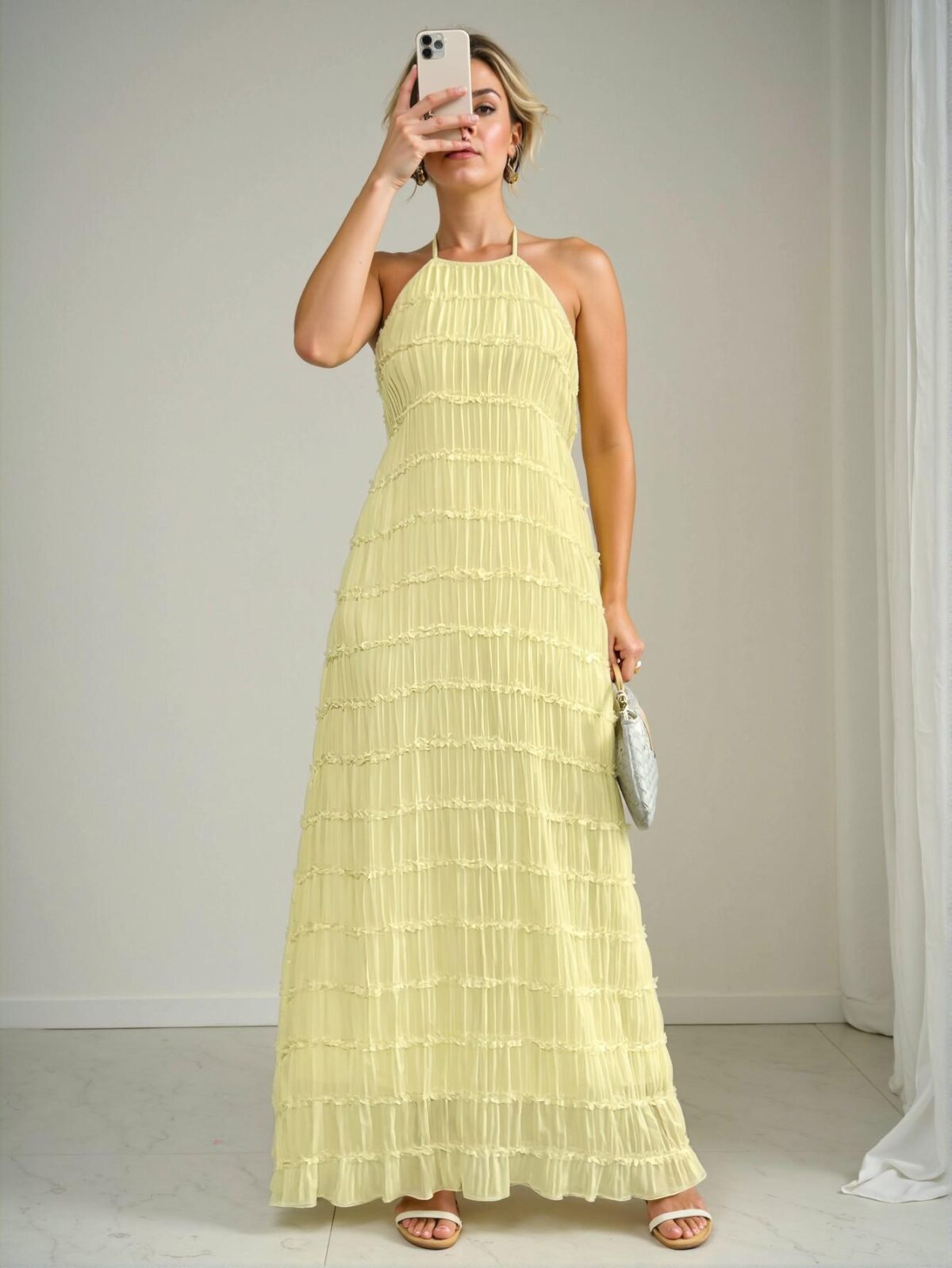 Elegant Yellow Textured Chiffon Multi-Layer Cami Dress with Spaghetti Straps for Spring and Summer - Chic, Classy and Trendy Fashion Style to Dress to Impress - Image 3