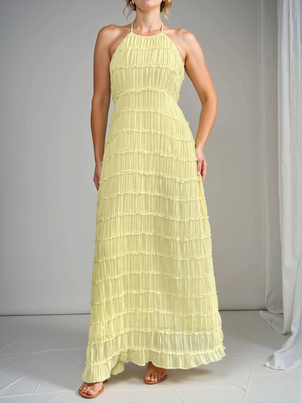 Elegant Yellow Textured Chiffon Multi-Layer Cami Dress with Spaghetti Straps for Spring and Summer - Chic, Classy and Trendy Fashion Style to Dress to Impress - Image 4