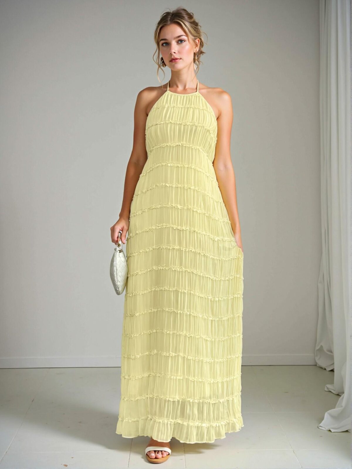 Elegant Yellow Textured Chiffon Multi-Layer Cami Dress with Spaghetti Straps for Spring and Summer - Chic, Classy and Trendy Fashion Style to Dress to Impress - Image 5