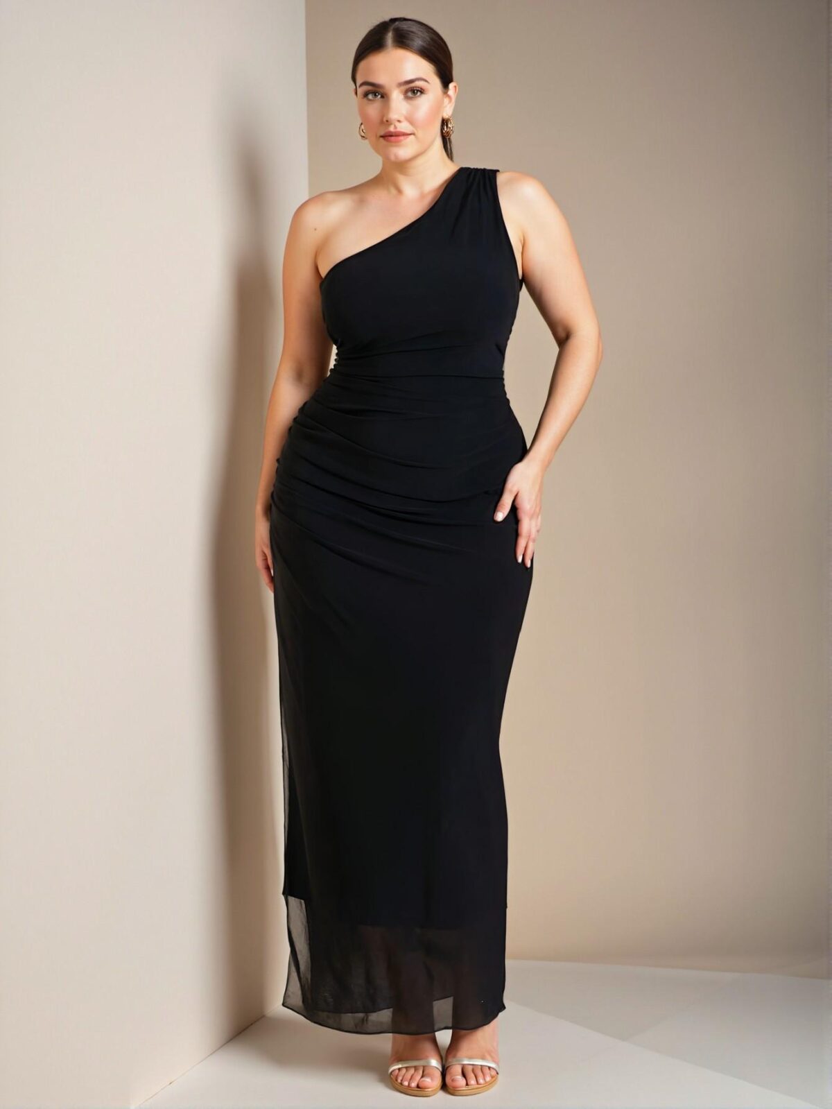 Elegant Black Asymmetrical Ruched Maxi Dress for Celebrations and Special Occasions - Chic, Classy, and Trendy Fashion Style to Dress to Impress