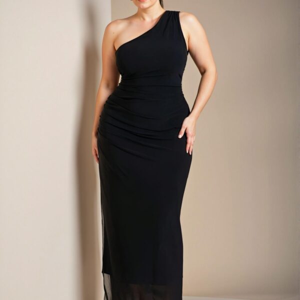 Elegant Black Asymmetrical Ruched Maxi Dress for Celebrations and Special Occasions - Chic, Classy, and Trendy Fashion Style to Dress to Impress