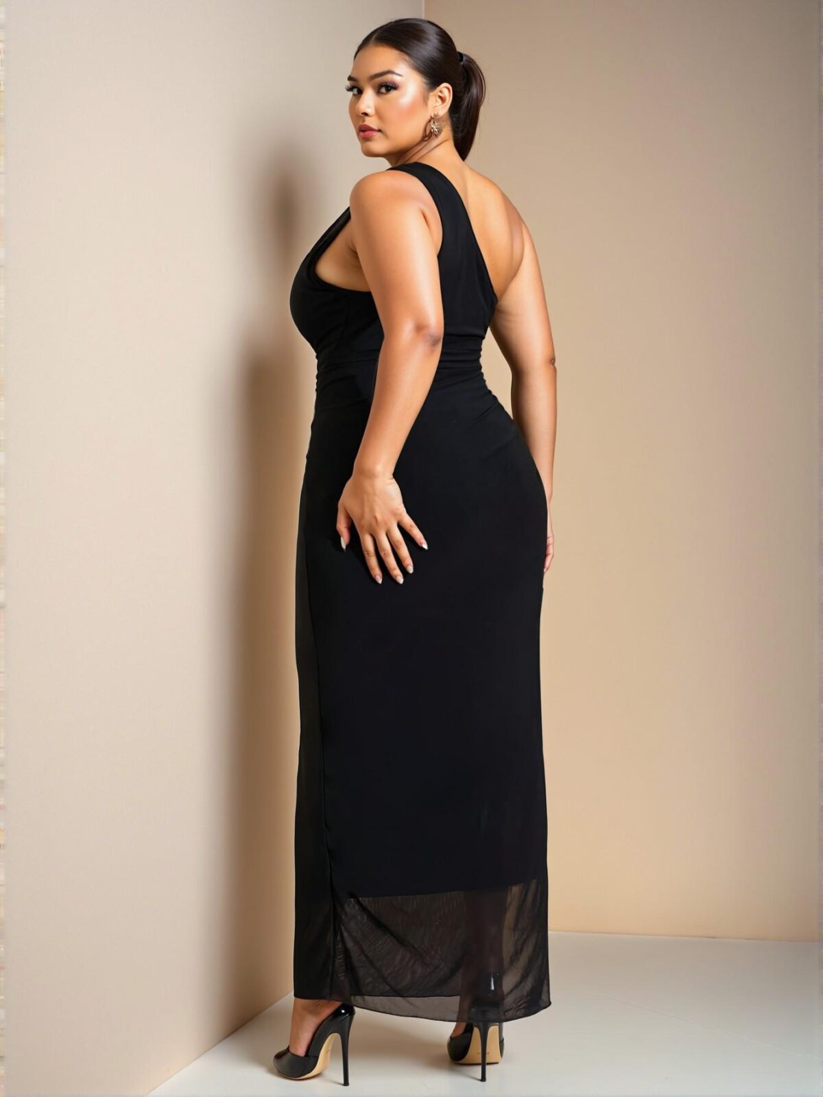 Elegant Black Asymmetrical Ruched Maxi Dress for Celebrations and Special Occasions - Chic, Classy, and Trendy Fashion Style to Dress to Impress - Image 2