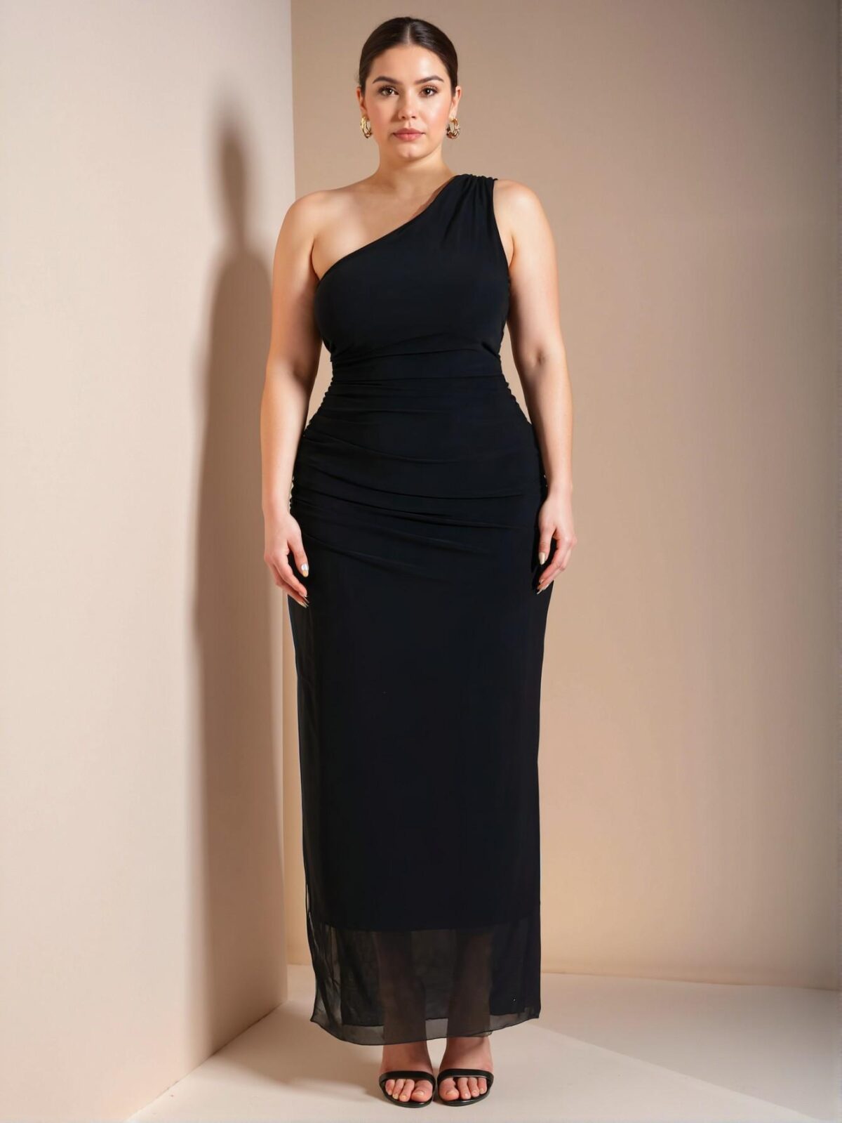 Elegant Black Asymmetrical Ruched Maxi Dress for Celebrations and Special Occasions - Chic, Classy, and Trendy Fashion Style to Dress to Impress - Image 3