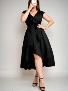 Elegant Black A-Line Maxi Dress with V-Neck and Ruffle Trim for Spring and Summer Parties - Chic, Classy and Trendy Fashion Style to Dress to Impress