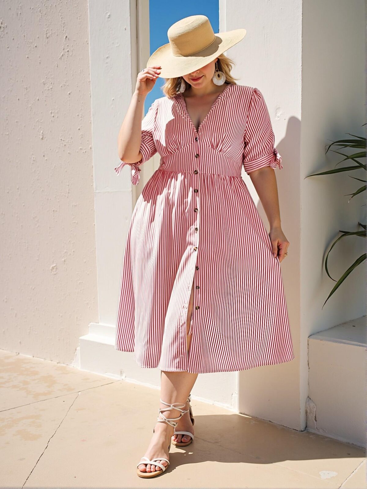 Elegant "Burgundy" "Alluring Plus Size Nautical Beach Maxi Dress Featuring Chic Button Decor and Striped Design for Spring and Summer" "Chic, Classy and Trendy Fashion Style to Dress to Impress"