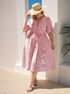 Elegant "Burgundy" "Alluring Plus Size Nautical Beach Maxi Dress Featuring Chic Button Decor and Striped Design for Spring and Summer" "Chic, Classy and Trendy Fashion Style to Dress to Impress"