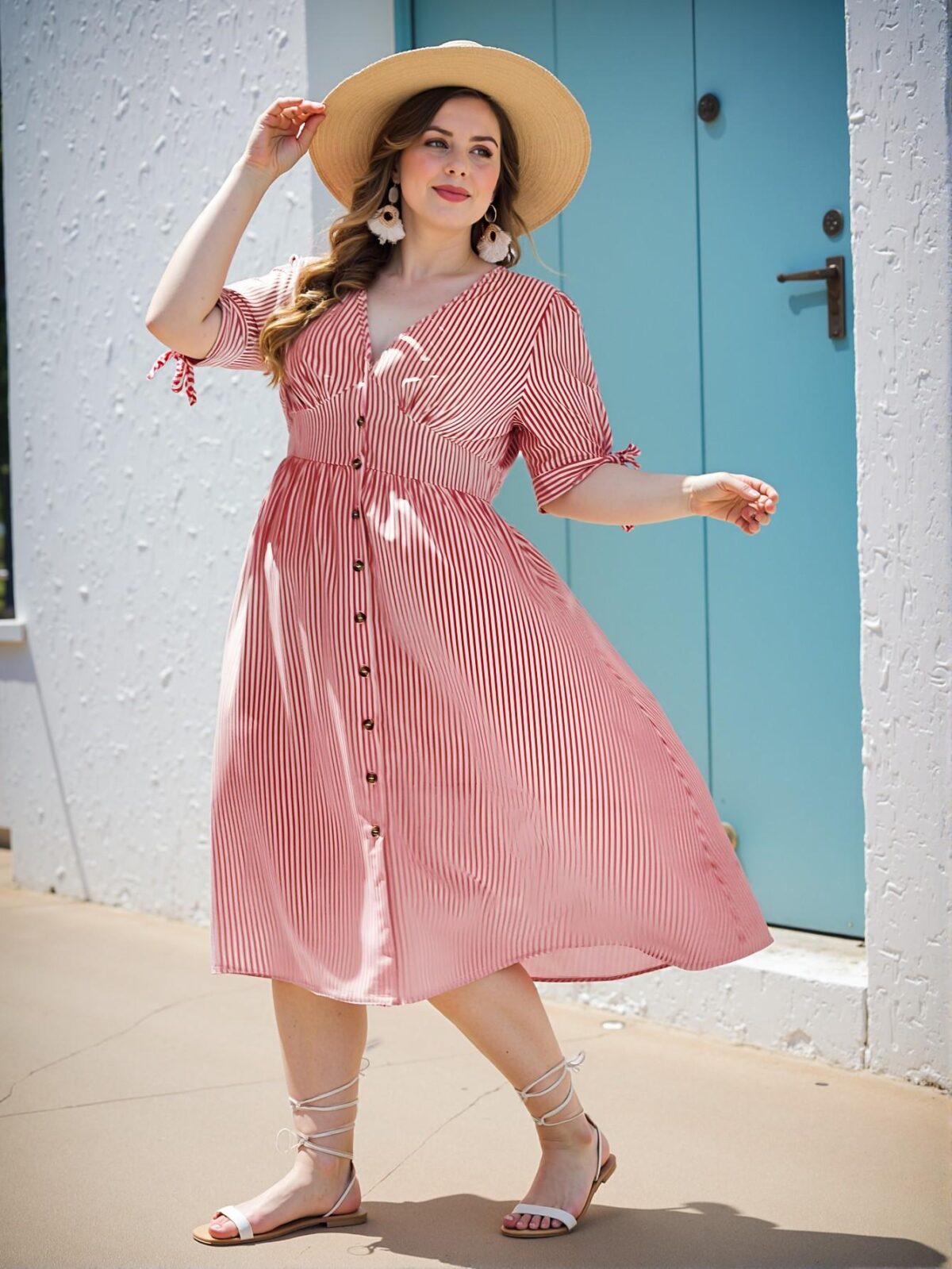 Elegant "Burgundy" "Alluring Plus Size Nautical Beach Maxi Dress Featuring Chic Button Decor and Striped Design for Spring and Summer" "Chic, Classy and Trendy Fashion Style to Dress to Impress" - Image 4